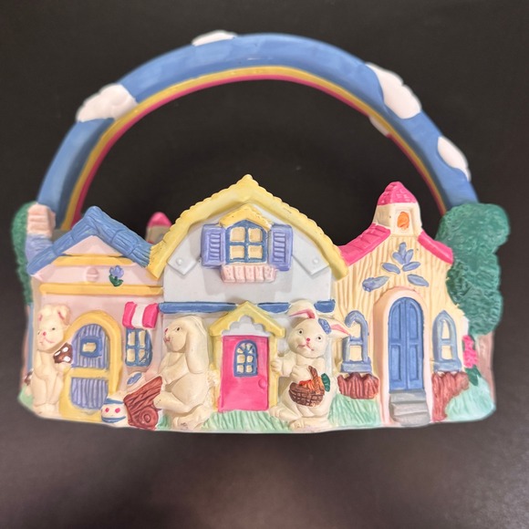 Vintage 1995 ABC Distributing Porcelain Easter Basket Bunnyhouse‎ Village Decor - Picture 1 of 8